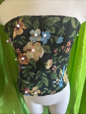 Floral Pearl-Accent Strapless Bustier Top - Black/Multicolor